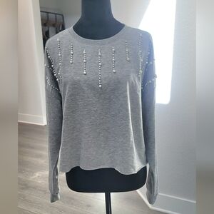 Franchesca's Cropped Sweatshirt Pearl-Embellished Grey- Small NWT